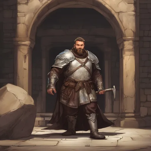 Prompt: (Full body) male stocky chubby paladin with light brown short-cut hair and beard, in a dark underground, pathfinder, d&d setting, in a realistic digital art style