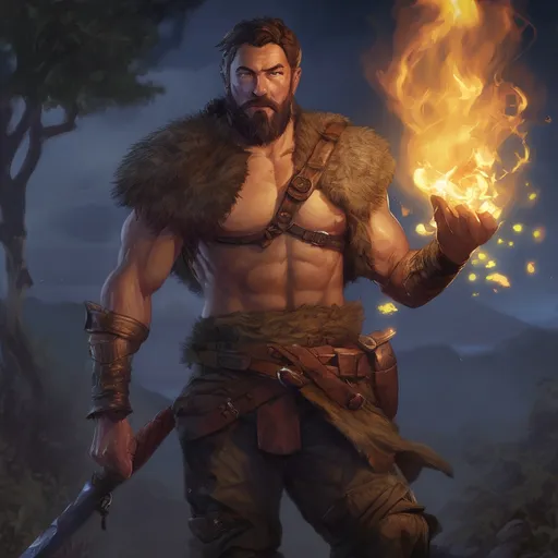 Prompt: (Full body) male stocky big-chested hairy-chested fantasy-ranger with short hair and beard, no shirt on, casting an nature spell, in nature at night, pathfinder, d&d setting, in a realistic digital art style