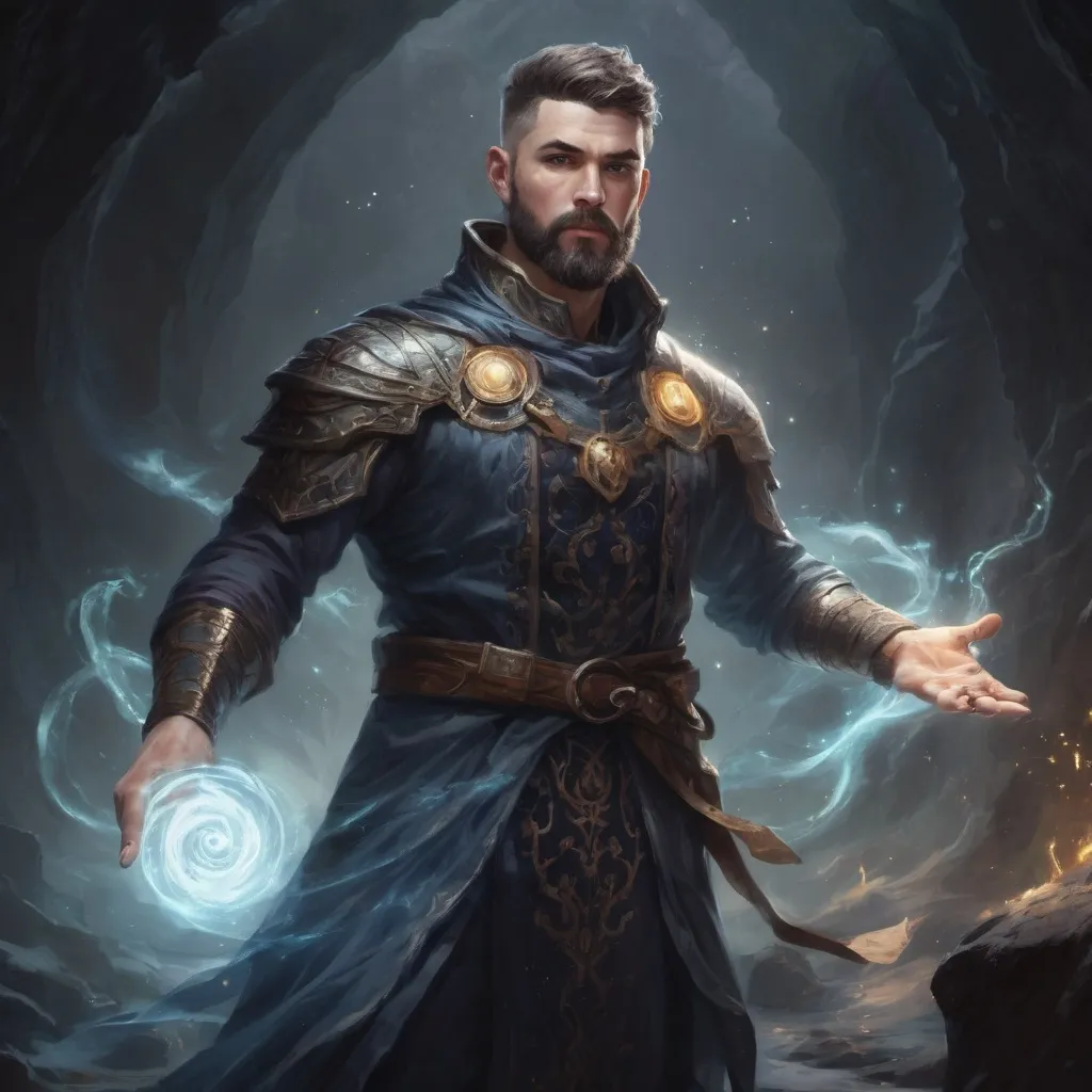 Prompt: (Full body) male stocky young muscular cleric with short-cut hair and a beard, casting a swirly astral-spell, in a dark cave, pathfinder, d&d setting