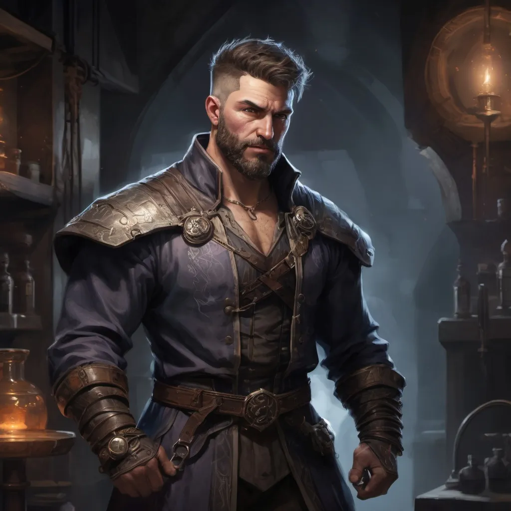 Prompt: Male stocky large muscular royal alchemist with short-cut hair and beard, exploring a dark laboratory, pathfinder, d&d setting, realistic, enhanced shadow quality
