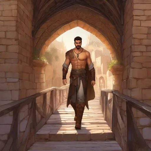 Prompt: (Full body) A broad-chested large arab male rogue with short-cut hair a mustache and stubble, pathfinger,  no shirt, magic swirl, dungeons and dragons, hairy chest, brown boots, fantasy setting, on a small town bridge, in a painted style realistic art
