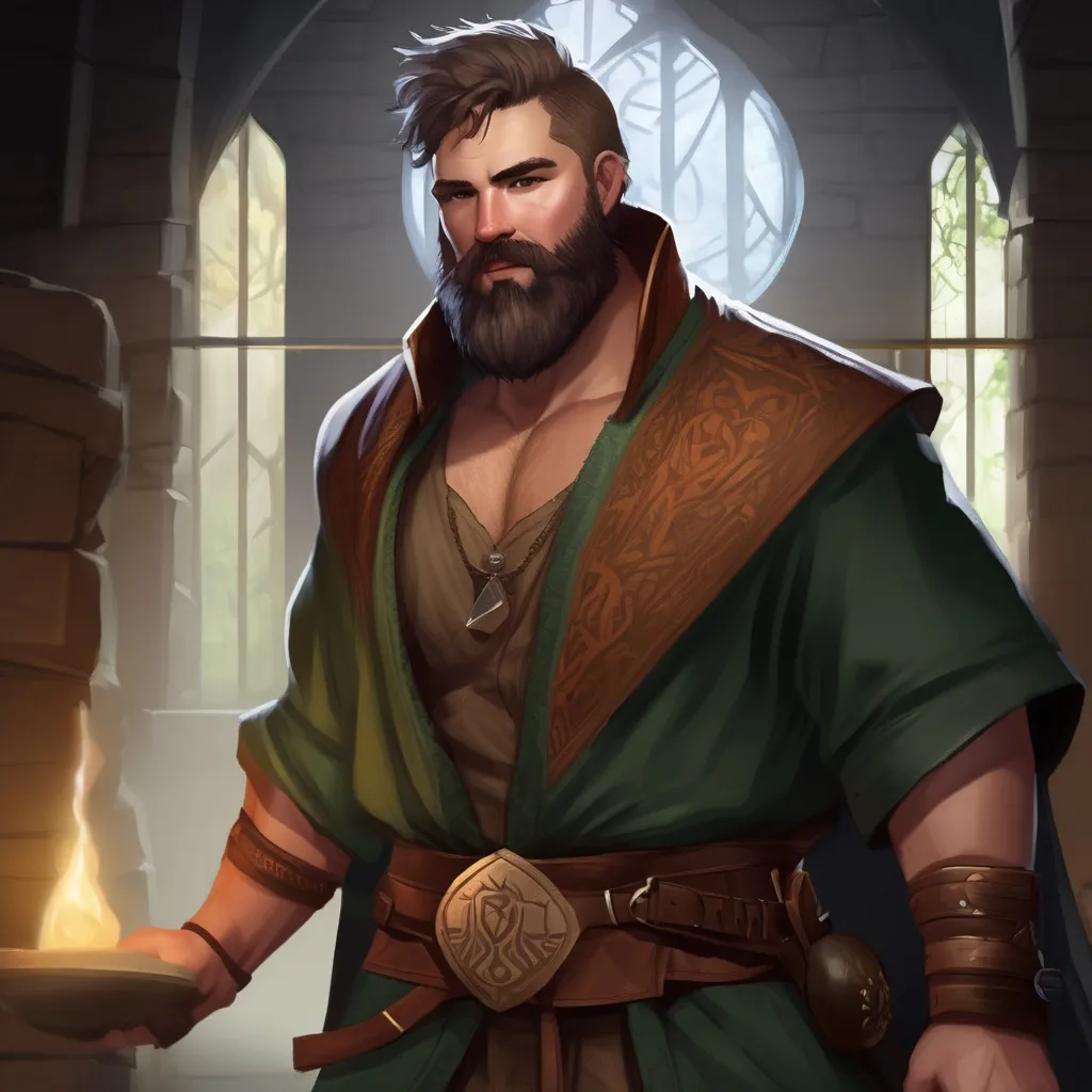 Prompt: (Full body) male stocky hairy-chested druid with short hair and beard, open shirt, in a dark hall, pathfinder, d&d setting, in a realistic digital art style