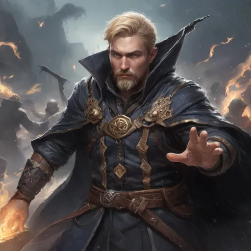 Prompt: Male stocky heavy-set large sorcerer with short-cut blonde hair and beard, casting a magical spell out of hands, on a battlefield in the rain, pathfinder, d&d setting, in a realistic high quality digital art style, enhanced shadow quality