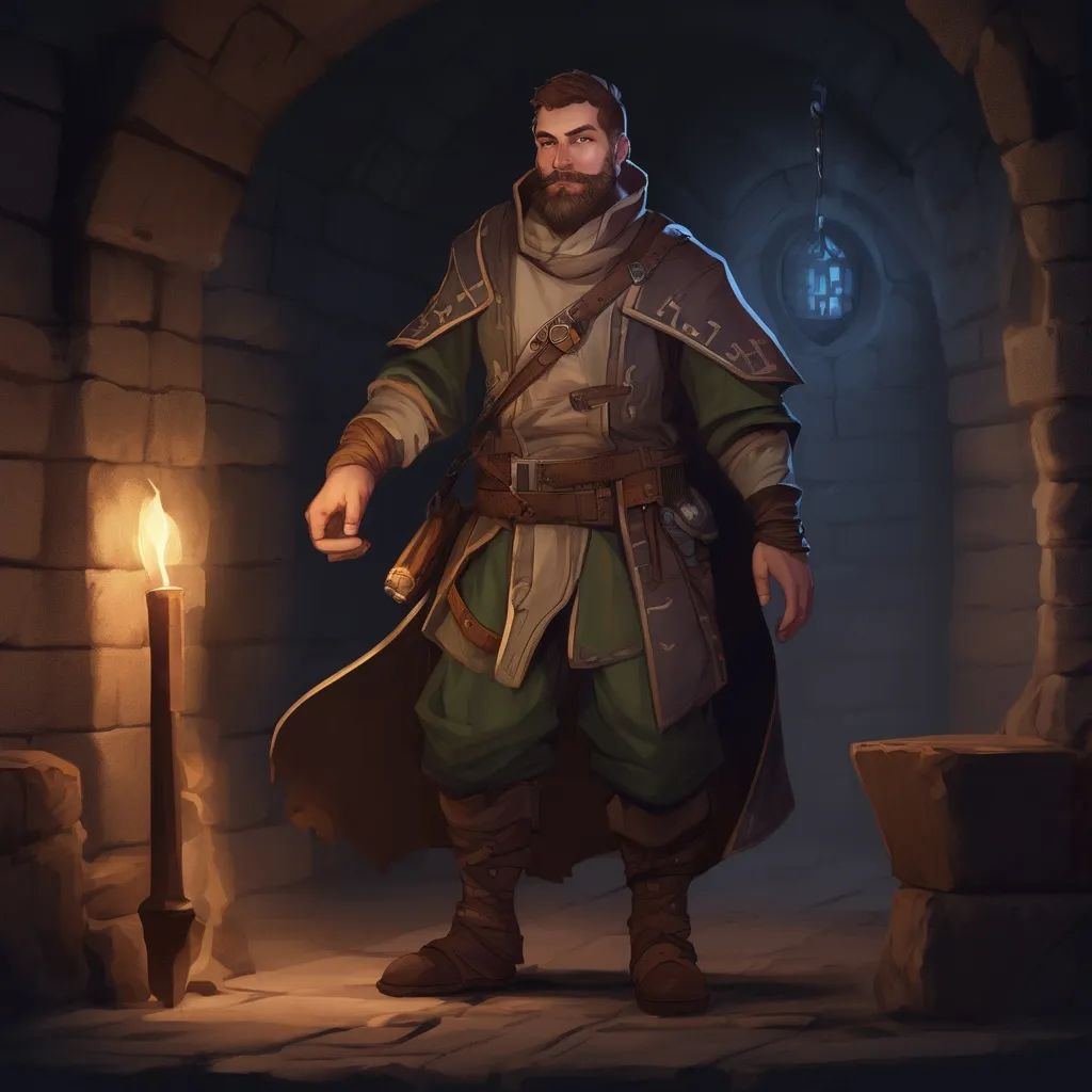 Prompt: (Full body) male big-chested time-mage with short hair and beard, in a dungeon at night, pathfinder, d&d setting, in a realistic digital art style