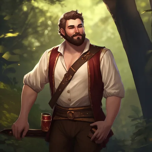 Prompt: (Full body) male stocky musical bard with short hair and beard, open shirt, in dark lit nature background, pathfinder, d&d setting, in a realistic digital art style