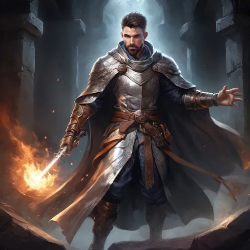 Prompt: Male stocky large battle-mage with short-cut hair and beard, wearing a silver robe, engaged in combat casting a brightlight-spell inside of a dark dungeon, pathfinder, d&d setting, in a realistic high quality digital art style, enhanced shadow quality, colorful