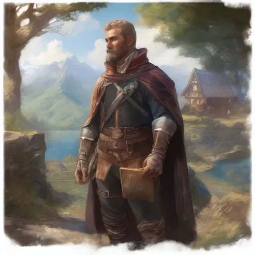 Prompt: (Full body) male handsome large norwegian arcanist with short hair and beard, by a small fantasy village, pathfinder, d&d setting, in a realistic high quality digital art style