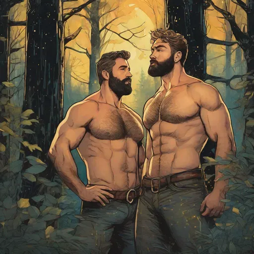 Prompt: (Full-body)  two handsome large men with short hair and short beard in love, no shirt on, no pants, no underwear, no shorts, hairy chests, salt-and-pepper hair, big chest, rugged, in the woods at night, in a painted style