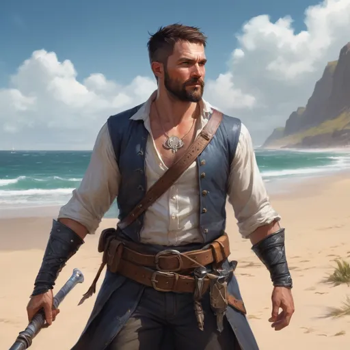 Prompt: Male heavy-set fit fat large 37-year old hunky pirate mage with short-cut hair and beard, holding magic fantasy-weapon, on a windy coastal field, pathfinder, d&d setting, enhanced shadow quality