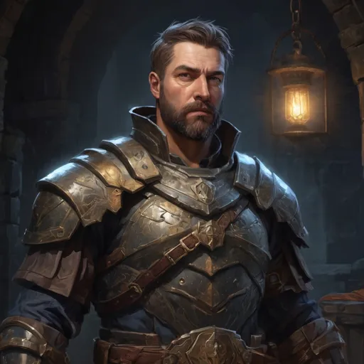 Prompt: Male stocky mature treasure-hunter with short-cut hair and beard, inside of a dungeon at night, wearing magical armour, pathfinder, d&d setting, in a realistic high quality digital art style, enhanced shadow quality