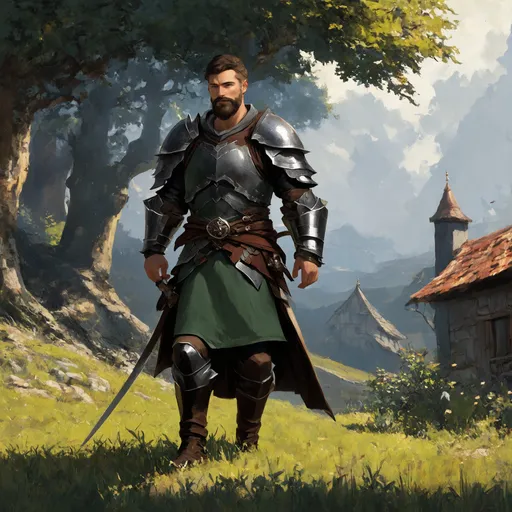 Prompt: (Full body) male warrior with short hair and beard, in dark grey and forest-green armor, exploring a dark fantasy villiage by a forest, pathfinder, d&d setting, in a detailed digital art style