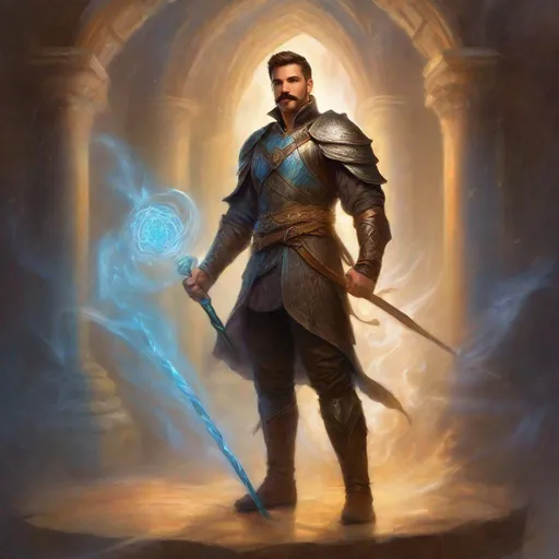 Prompt: (Full body) a male fighter with mustache and stubble short hair, handsome manly face, belt, boots, shoulder guards, bare hairy chest, holding magical staff swirly lights, standing in a otherwordly dimention, fantasy setting, dungeons & dragons, in a painted style realistic art