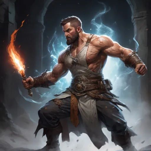 Prompt: Male stocky large muscular battle-mage with short-cut hair and beard, engaged in combat casting a white-light spell inside of a dark dungeon, pathfinder, d&d setting, realistic, enhanced shadow quality, colorful