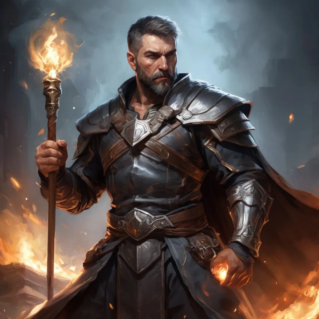 Prompt: Male stocky large mature fit muscular battle-mage with short-cut hair and beard, engaged in combat casting a light spell in a dark room, pathfinder, d&d setting, realistic high quality, enhanced shadow quality
