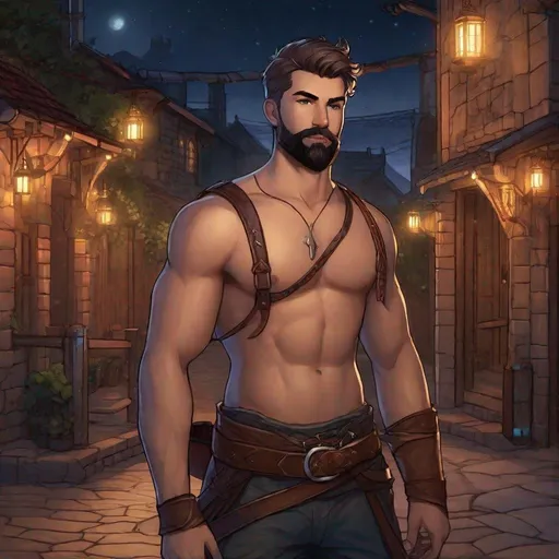 Prompt: (Full body) handsome fighter with short hair and beard , no shirt on, pathfinder, dungeons and dragons, standing outside of a small town at night, in a digital realistic painted style