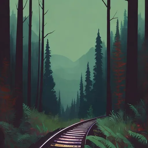 Prompt: a colorful picture and beautiful picture of a train track going into a dark and mysterious forest, profile of a beautiful short haired bearded man, in a painted style