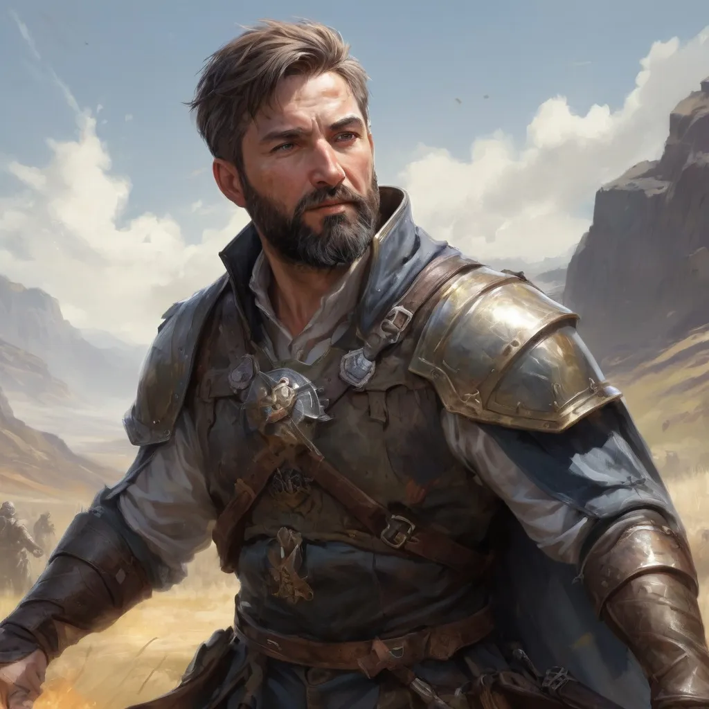 Prompt: Male heavy-set mature fit Cleric with short-cut hair and beard, casting healing-magic out of hands on a wounded male warrior with short hair and a beard, in a windy battlefield, pathfinder, d&d setting, enhanced shadow quality