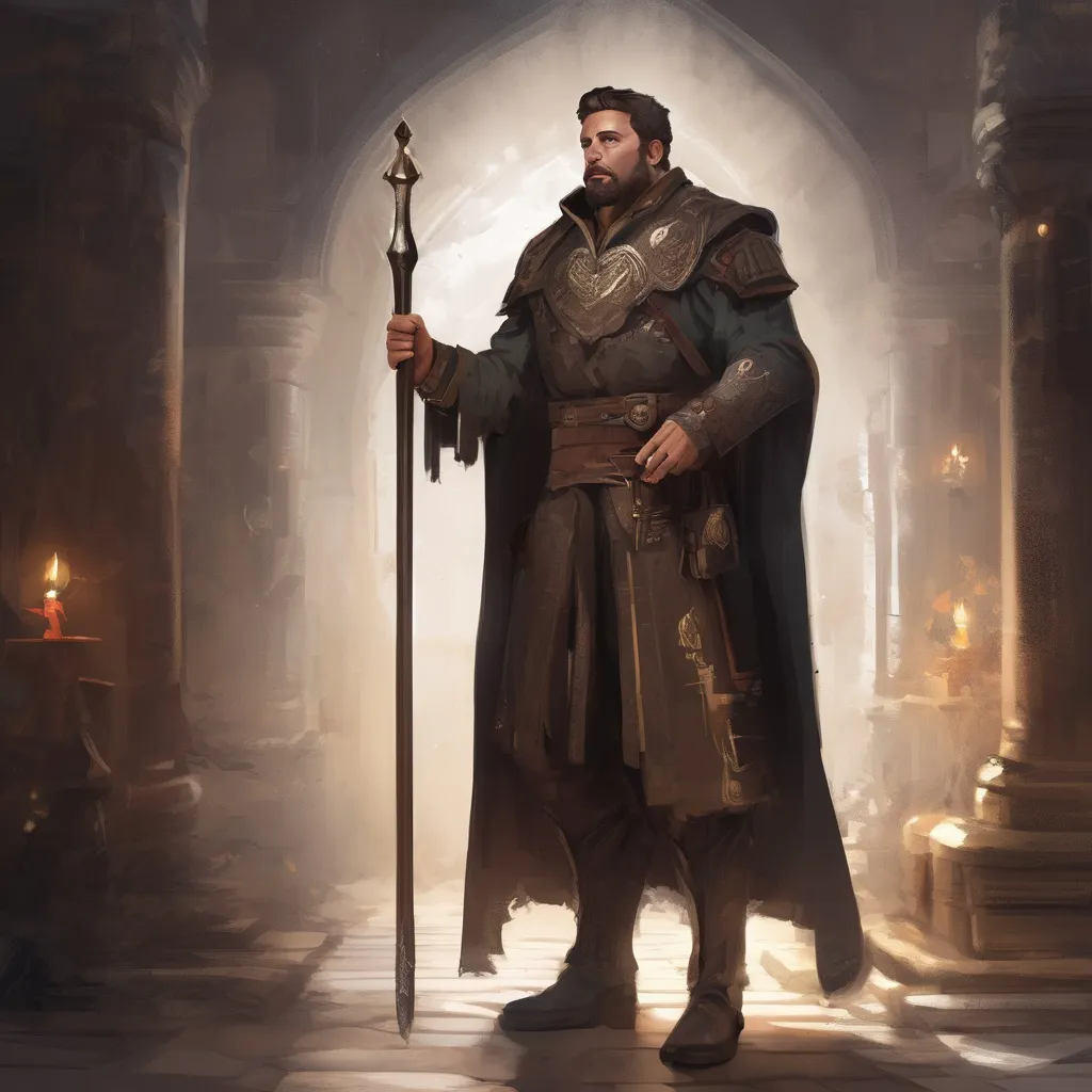 Prompt: (Full body) male stocky magical hunter with short-cut hair and beard, in a dark magic temple dungeon, cloak, pathfinder, d&d setting, in a realistic digital art style