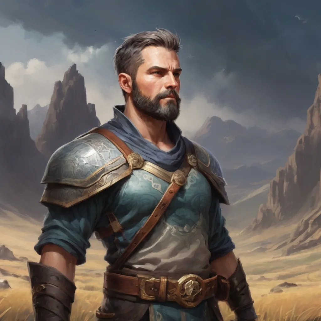 Prompt: Male stocky wide-chested fit 35-year old sacred oracle with short-cut hair and beard, in a windy mountain field, , casting a spell, pathfinder, d&d setting, enhanced shadow quality