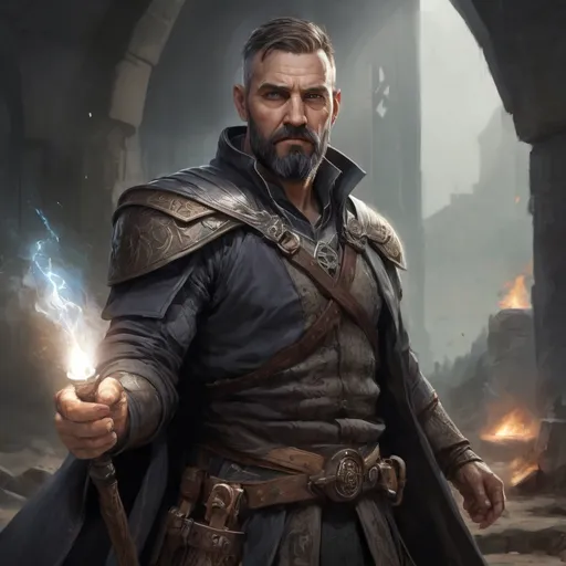 Prompt: Male stocky heavy-set mature illutionist with short-cut hair and beard, on a battlefield, in combat, casting a sage-spell, pathfinder, d&d setting, enhanced shadow quality, realistic