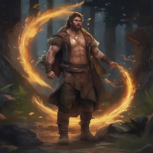 Prompt: (Full body) male stocky ranger with short-cut hair and beard, no shirt on, hairy chest, casting a swirly nature-spell, in nature at night pathfinder, d&d setting, in a realistic digital art style