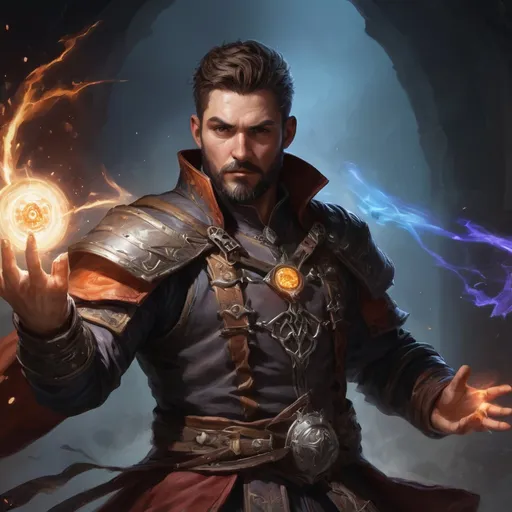 Prompt: Male stocky large battle-mage with short-cut hair and beard, engaged in combat casting a white-light spell inside of a dark dungeon, pathfinder, d&d setting, realistic enhanced shadow quality, colorful