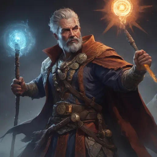 Prompt: Male stocky mature shaman with short-cut hair and beard, in combat casting magic, inside of an astral magical dimention, pathfinder, d&d setting, in a realistic high quality digital art style, enhanced shadow quality