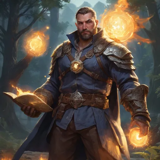 Prompt: Male stocky large fat paladin with short-cut hair and beard, open shirt hairy chest, in combat casting a magic-ray out of hands in nature at night, pathfinder, d&d setting, in a realistic high quality digital art style, enhanced shadow quality, colorful