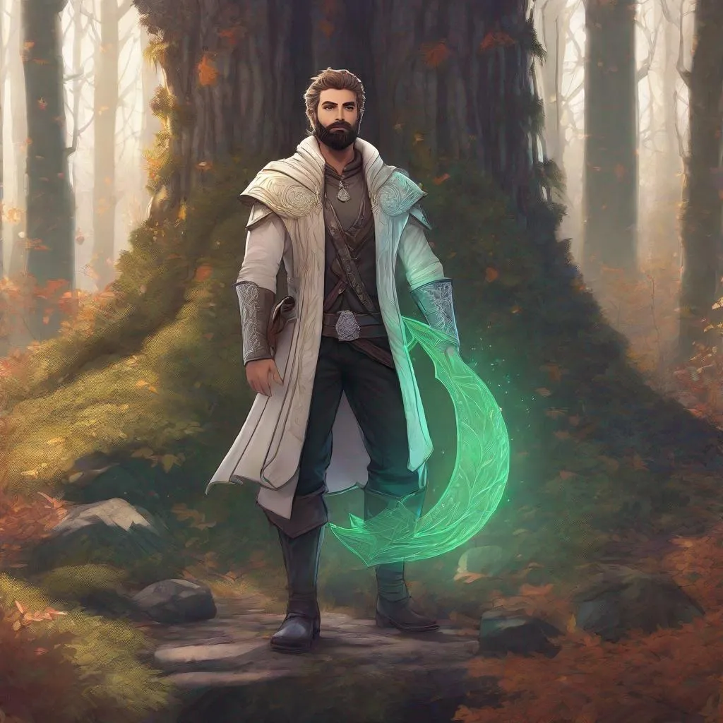 Prompt: (Full body) hairy gay male magus with a short hair and beard, standing outside of a forest, fantasy setting, in a realistic detailed digital art style.