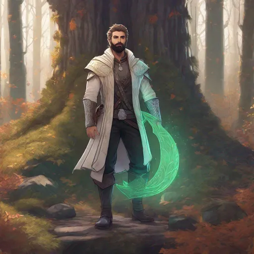 Prompt: (Full body) hairy gay male magus with a short hair and beard, standing outside of a forest, fantasy setting, in a realistic detailed digital art style.