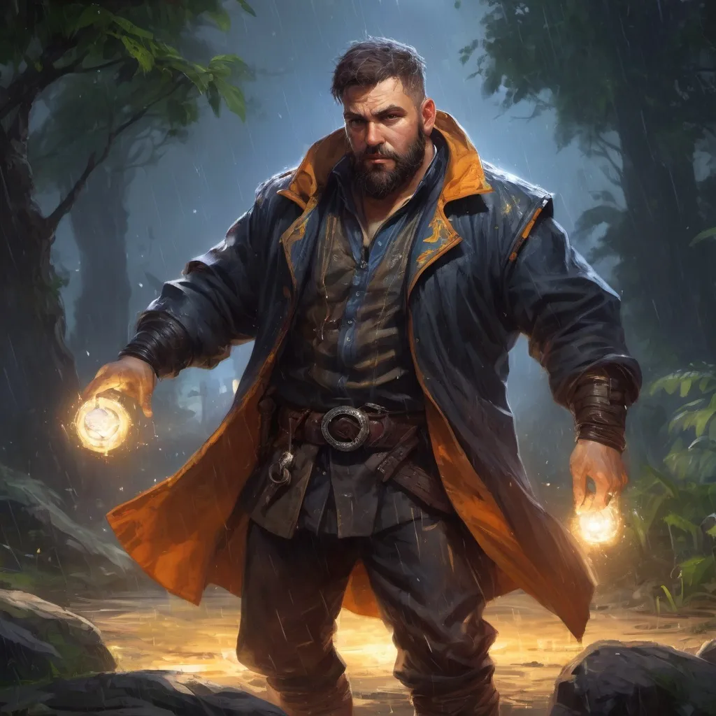 Prompt: Male stocky large fat sorcerer with short-cut hair and beard, open shirt hairy chest, in combat casting a magic-ray out of hands in nature at night in the rain, pathfinder, d&d setting, in a realistic high quality digital art style, enhanced shadow quality, colorful