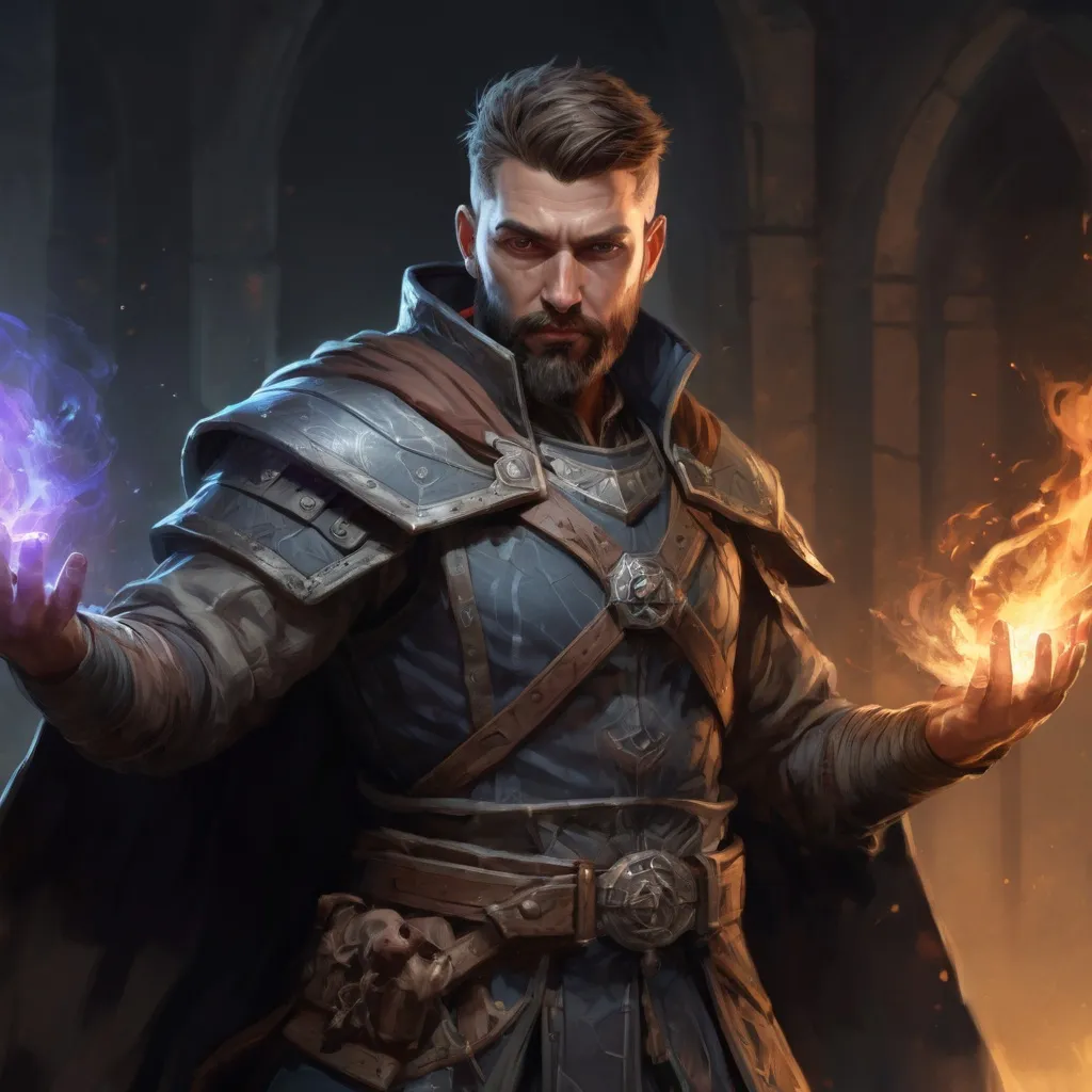 Prompt: Male stocky large fit cleric with short-cut hair and beard,  in combat casting a magic out of hands in dark castle, pathfinder, d&d setting,realistic high quality, enhanced shadow quality, colorful
