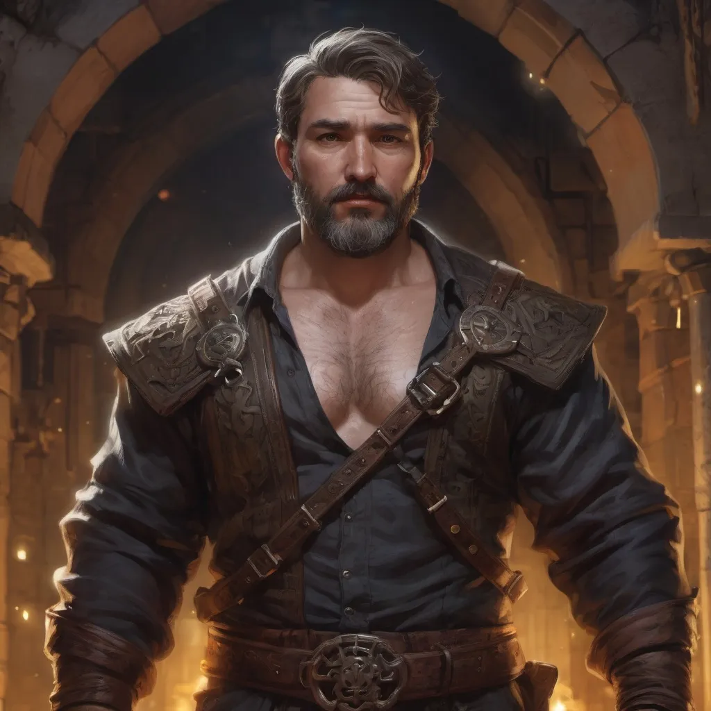 Prompt: (torso) Male stocky mature fat rogue with short-cut hair and beard, hairy chest open shirt, inside of a magical temple dungeon at night, pathfinder, d&d setting, in a realistic high quality digital art style, enhanced shadow quality