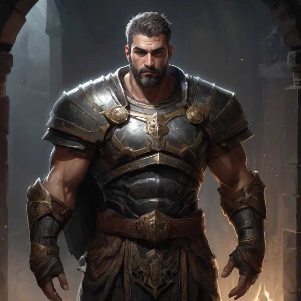 Prompt: Male stocky large muscular paladin with short-cut hair and beard, exploring a dark trasure room, pathfinder, d&d setting, realistic, enhanced shadow quality