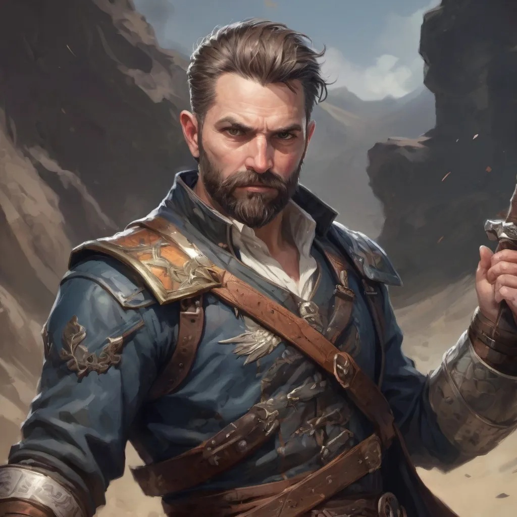 Prompt: Male heavy-set mature fit bard with short-cut hair and beard, holding fantasy-weapon , in a windy battlefield, pathfinder, d&d setting, enhanced shadow quality
