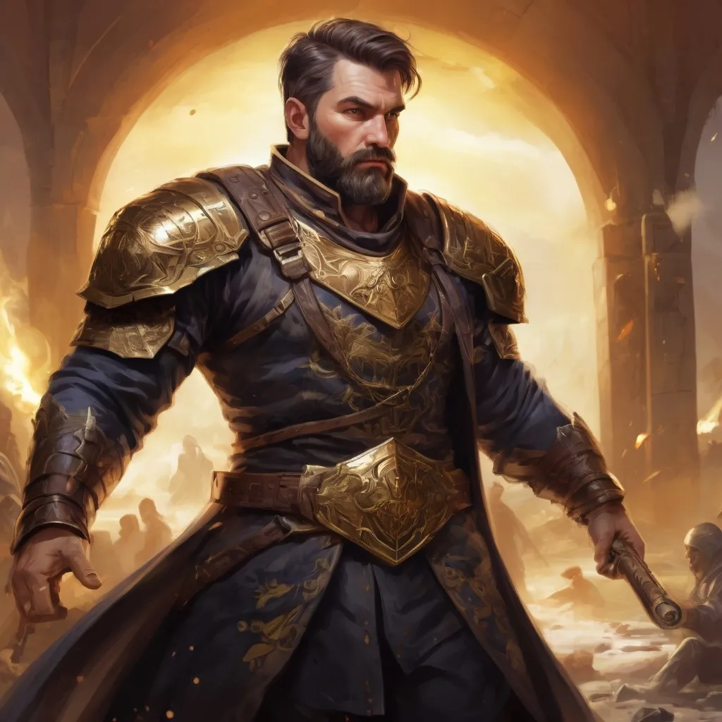 Prompt: Male stocky heavy-set mature illutionist with short-cut hair and beard, on a battlefield, in combat, casting a gold-spell, pathfinder, d&d setting, in a realistic high quality digital art style, enhanced shadow quality
