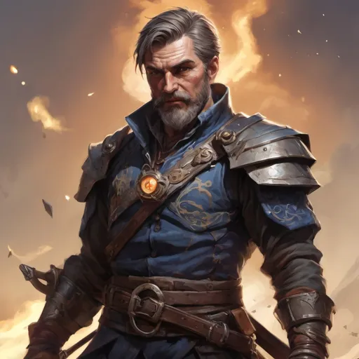 Prompt: (torso) Male heavy-set mature fit magical bard with short-cut hair and beard, holding fantasy-weapon , in a windy battlefield, pathfinder, d&d setting, enhanced shadow quality