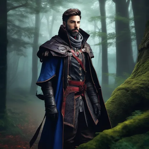 Prompt: (Full body) male alchemist with a short hair and beard, standing outside of a dark forest, pathfinder, d&d setting, in a realistic digital art style