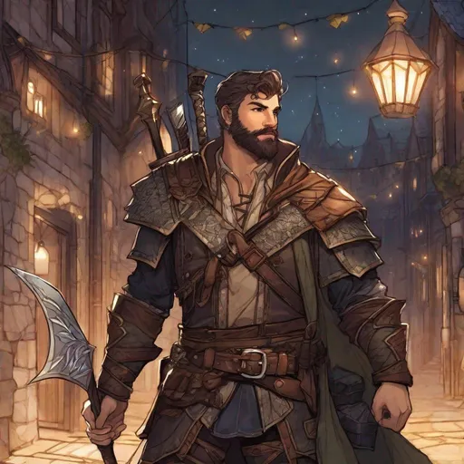 Prompt: (Full body) A male short-haired ranger with open shirt hairy chest and short beard holding a bow, leather armor with leaf details, manly, dungeons and dragons fantasy setting, night time in a town street, in a painted style