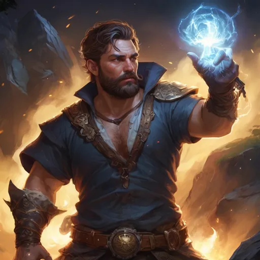 Prompt: Male stocky large fat cleric with short-cut hair and beard, open shirt hairy chest, in combat casting a magic-ray out of hands in nature at night, pathfinder, d&d setting, in a realistic high quality digital art style, enhanced shadow quality, colorful