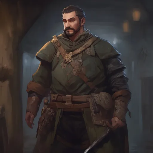 Prompt: (Full body) male stocky big-chested ranger with short hair and mustache,  in a dark room, pathfinder, d&d setting, in a realistic digital art style