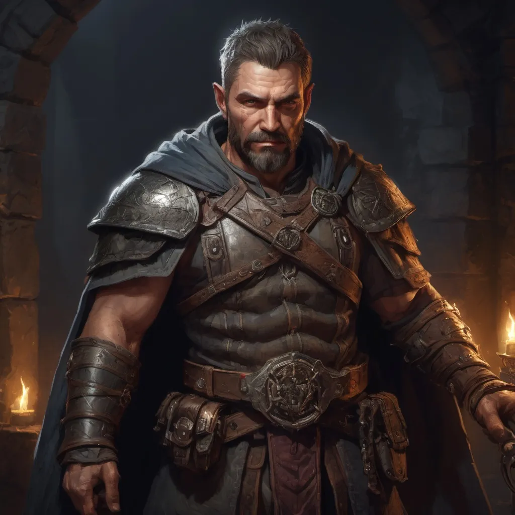 Prompt: Male heavy-set mature muscular sorcerer with short-cut hair and beard, in a dark dungeon, pathfinder, d&d setting, in a realistic high quality digital art style, enhanced shadow quality