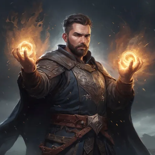 Prompt: Male stocky heavy-set large cleric with short-cut hair and beard, casting a magical spell out of hands, on a batle field in a dark storm, pathfinder, d&d setting, in a realistic high quality digital art style, enhanced shadow quality