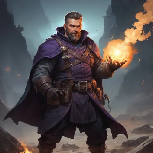 Prompt: Male stocky heavy-set mature arcane-alchemist with short-cut hair and beard, on a battlefield, in combat, holding a bomb, pathfinder, d&d setting, in a realistic high quality digital art style, enhanced shadow quality, colorful