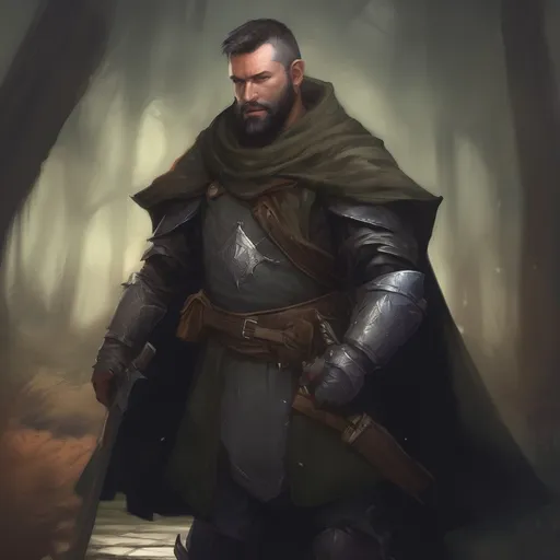 Prompt: (Full body) male stocky knight with short-cut hair and beard, in nature in the dark, cloak, pathfinder, d&d setting, in a realistic digital art style