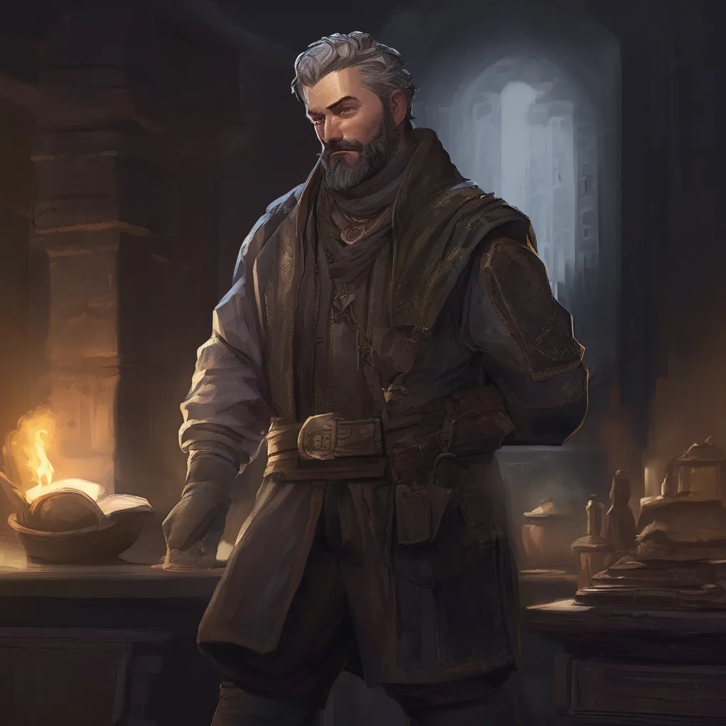 Prompt: (Full body) male stocky young alchemist with grey short-cut hair and beard, in a dark room, pathfinder, d&d setting, in a realistic digital art style