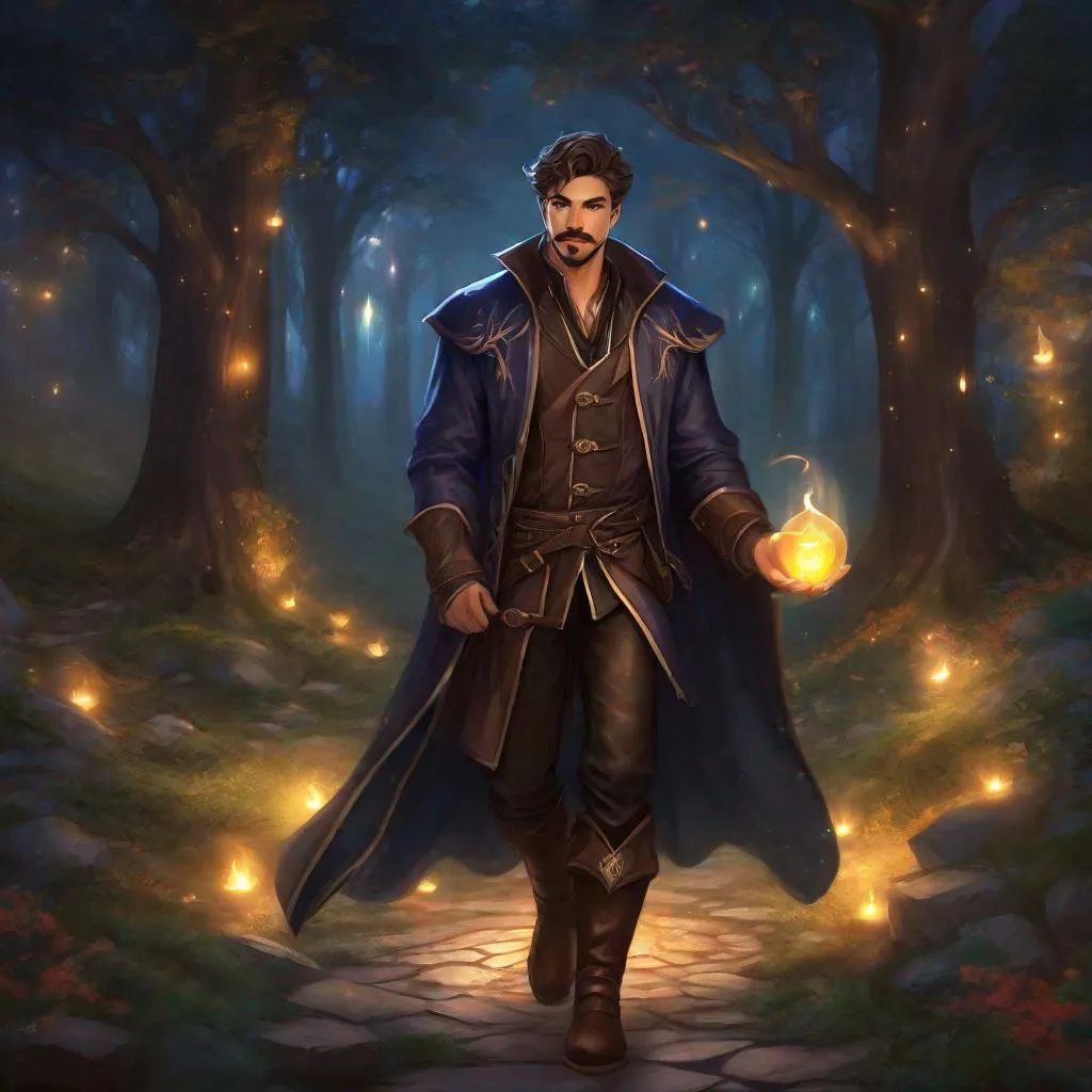 Prompt: (Full body) A male black mage with short cut hair with a mustache and stubble manly face, pathfinger, magic swirl, leather pants, holding magic, dungeons and dragons, brown boots, fantasy setting, standing in a forest glade at night, in a painted style realistic art