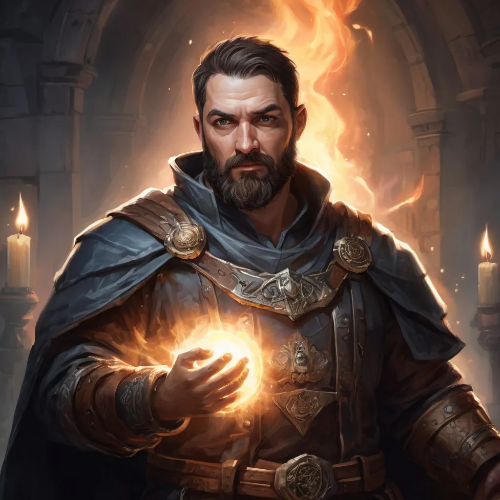 Prompt: (torso) Male stocky large mature cleric with short-cut hair and beard, engaged in combat casting a prismatic-spell inside a dungeon, pathfinder, d&d setting, in a realistic high quality digital art style, enhanced shadow quality