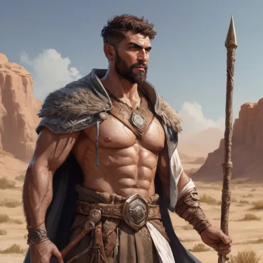 Prompt: Male stocky mature arab muscular druid with short-cut hair and beard, on a battlefield, holding a staff, pathfinder, d&d setting, in a realistic high quality digital art style, enhanced shadow quality, colorful