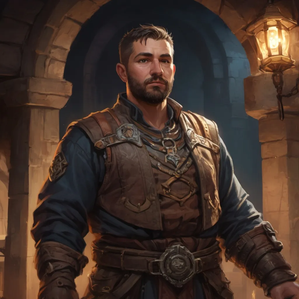 Prompt: Male stocky heavy-set magical engineer with short-cut hair and beard, big belly, inside a temple dungeon at night, pathfinder, d&d setting, in a realistic high quality digital art style, enhanced shadow quality